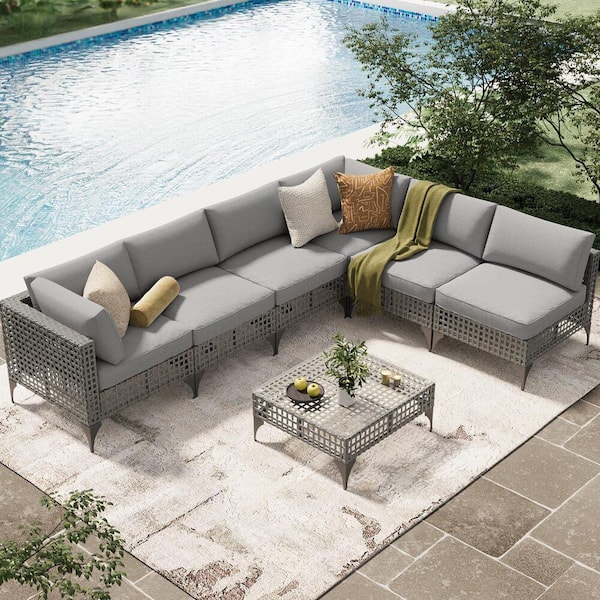 7-Piece Wicker Outdoor Conversation Patio Furniture Set with Gray Cushions
