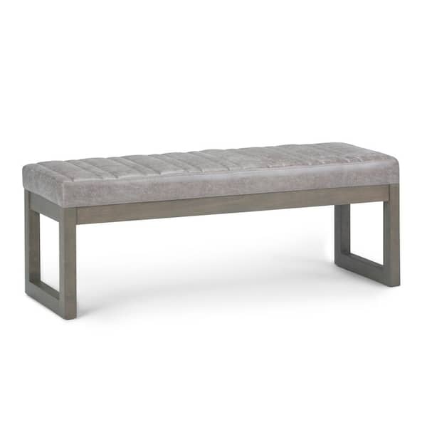Simpli Home Casey 48 in. Ottoman Bench in Distressed Grey Taupe Faux Air Leather