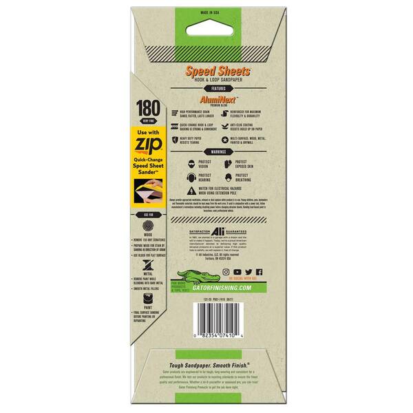 Gator Speed Sheets 3-2/3 in. x 9 in. 180 Grit Very Fine Hook and Loop Sand  Paper (5-Pack) 7410 - The Home Depot