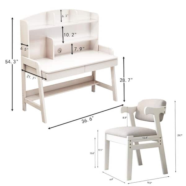 2-Piece Wood Top White Kids Study Desk and Chair Set for Kid with Drawers and Bookshelf