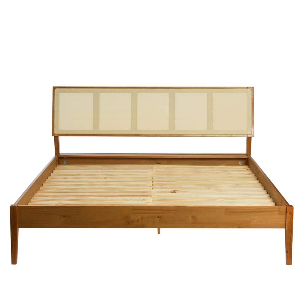 Crawford Queen Bed with Light Brown Pine Frame and Cane Headboard