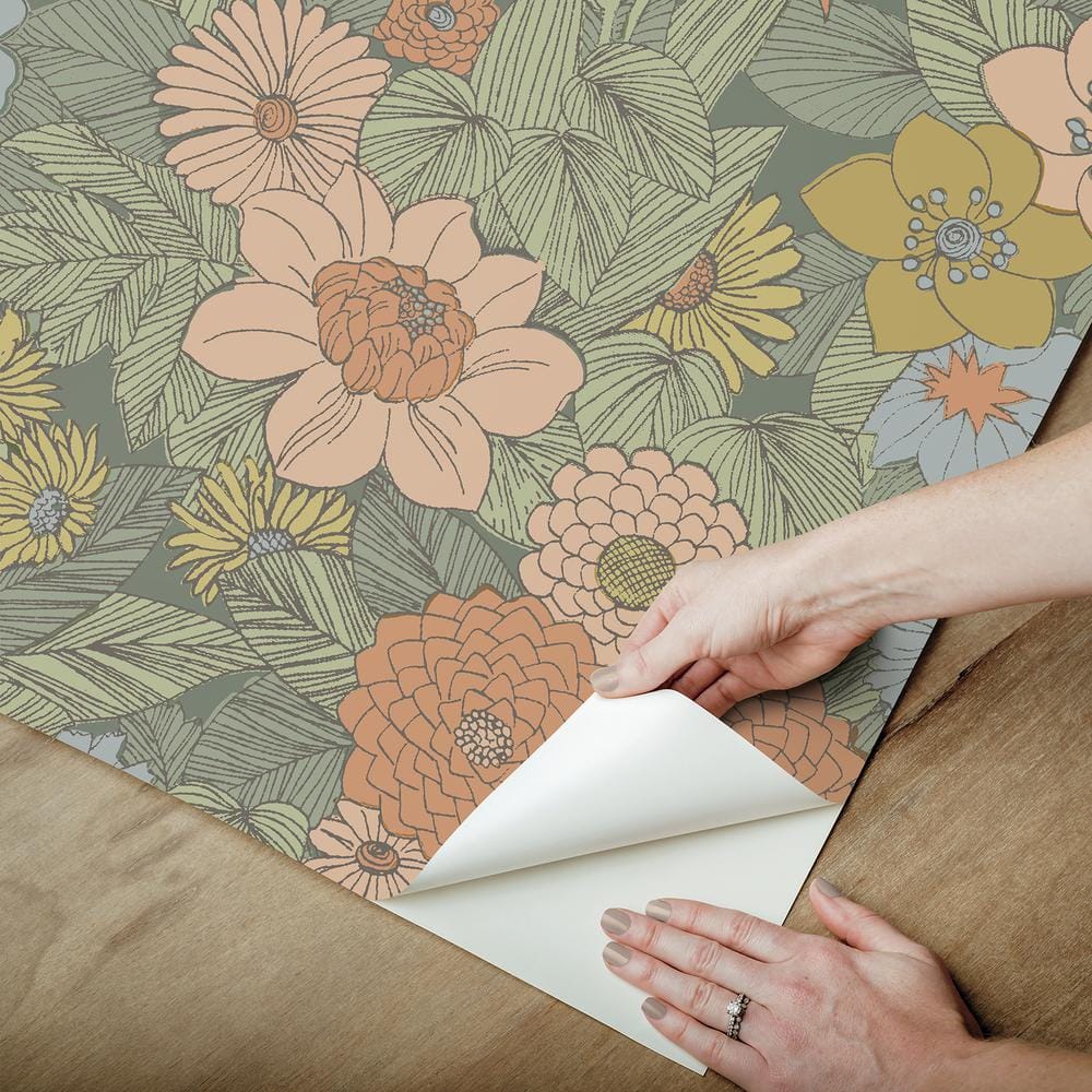 Green Retro Floral Peel and Stick Wallpaper Roll