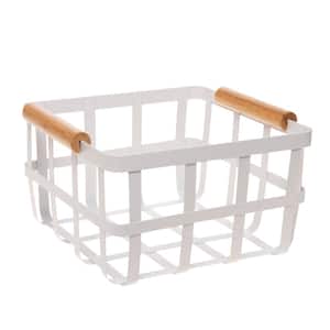 Square Metal Basket 4.8 in. H x 8.72 in. W with Bamboo Handles in White