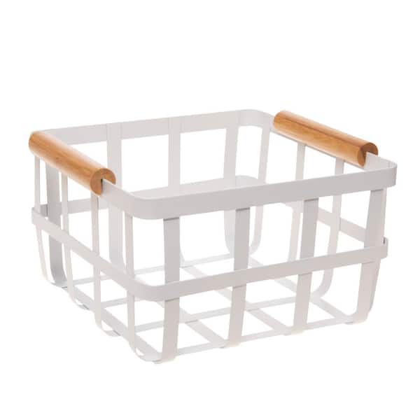 SIMPLIFY Square Metal Basket 4.8 in. H x 8.72 in. W with Bamboo Handles in White