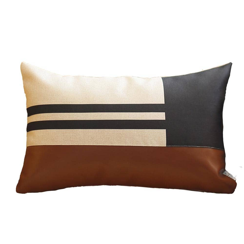 Bohemian Handmade Vegan Faux Leather Brown and Black Geometric Lumbar Pillow