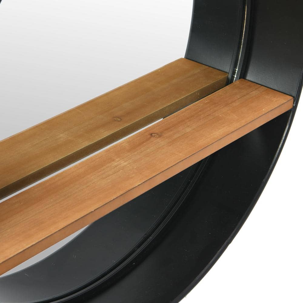 Contemporary Black Metal & Wood Round Wall Mirror with Shelf