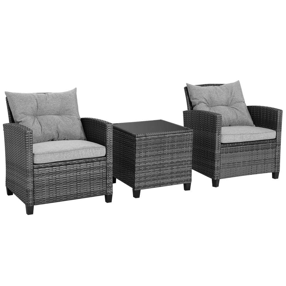 HONEY JOY 3-Piece Outdoor Furniture Set Wicker Patio Conversation Set with Gray Cushions Tempered Glass Side Table TOPB006594 - The Home Depot