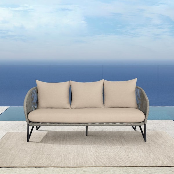 Armen Living Benicia Gray Metal Outdoor Couch with Taupe Cushions