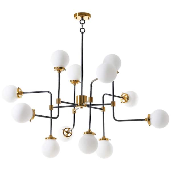 Merra 12-Light Black and Gold Modern Sputnik Chandelier with Opaline Shades