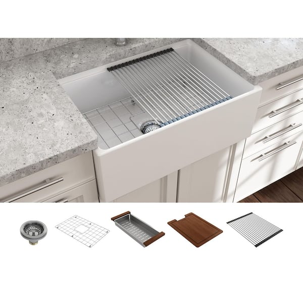 Contempo Workstation 27 in. Farmhouse Apron-Front Single Bowl White Fireclay Kitchen Sink with Accessories
