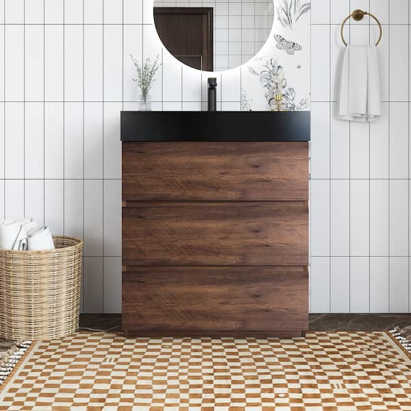 Unbranded 30 in. W x 18 in. D x 37 in. H Single Sink Freestanding Bath Vanity in Walnut with Black Quartz Sand Top