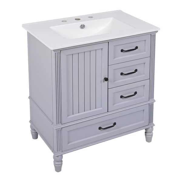 30 in. W x 18.5 in. D x 34.4 in. H Single Sink Freestanding Bath Vanity in Gray with White Ceramic Top