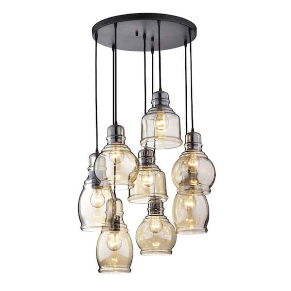 Jojospring Lynn 60-Watt 20.7 in Dia 8-Light Antique Black Pendant Light with Cognac Glass Cluster Shades