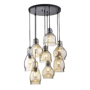 Lynn 60-Watt 20.7 in Dia 8-Light Antique Black Pendant Light with Cognac Glass Cluster Shades