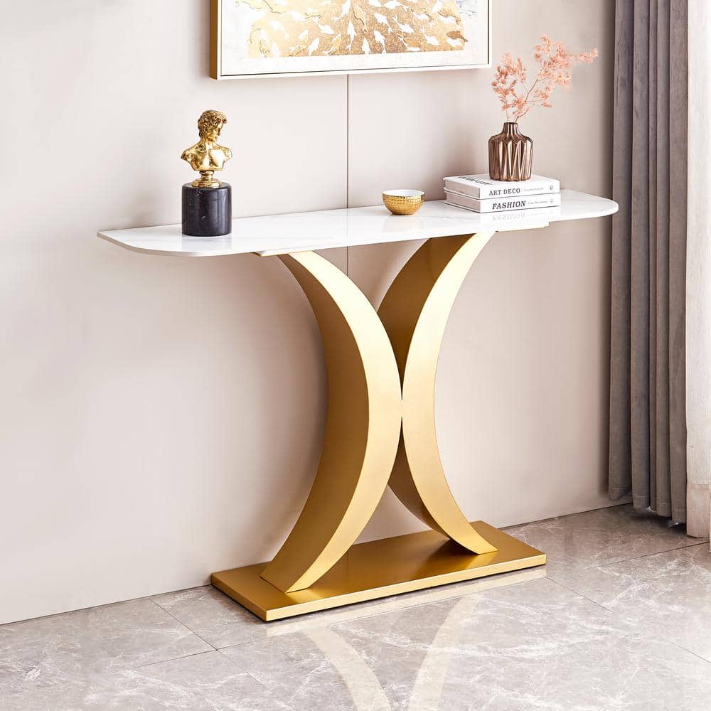 47.24 in. Gold Rectangle Faux Marble Top Console Table Metal Frame Entryway