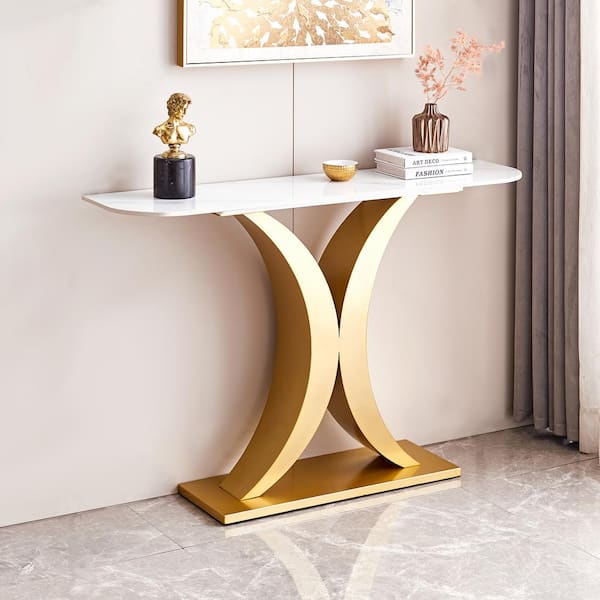 CSC DECOR INC 47.24 in. Gold Rectangle Faux Marble Top Console Table Metal Frame Entryway Sofa Table with Adjustable Foot Pads