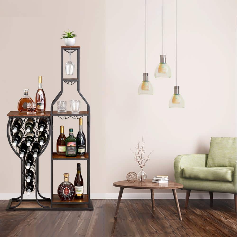 Rustic Brown 5-Tier Freestanding Wine Rack with Glass Holder