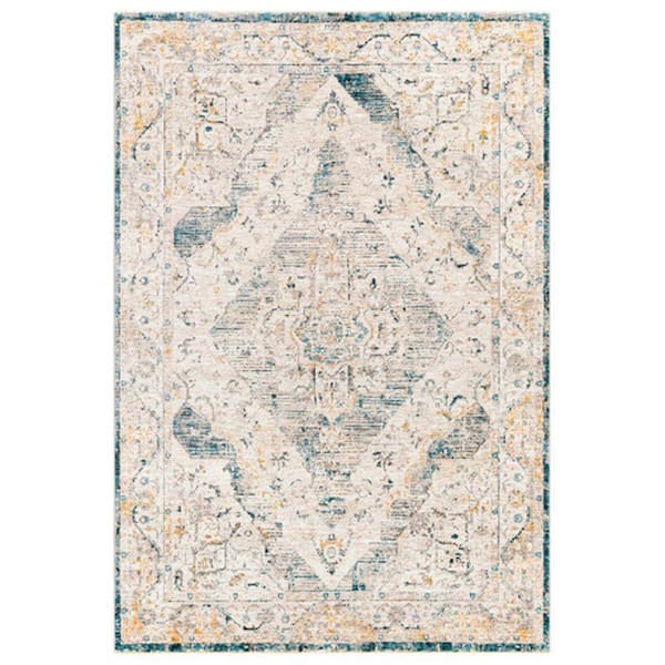 Benjara Modern Blue, Beige and Gray 5 ft. x 7 ft. Classic Medallion Design Polyester Fabric Area Rug
