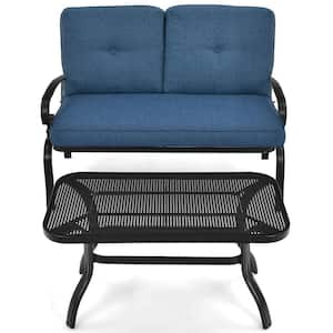 2-Piece Patio Metal Outdoor Loveseat and Table Set Conversation Sofa Set with Blue Cushions