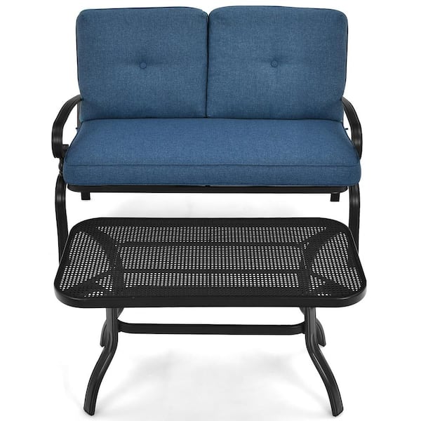 Gymax 2-Piece Patio Metal Outdoor Loveseat and Table Set Conversation Sofa Set with Blue Cushions