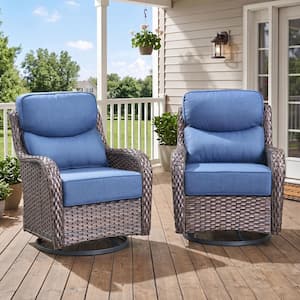 MoonLuxe Brown Wicker Swivel Glider Rocker Outdoor Rocking Chair with Navy Blue Olefin 6 in. Thick Cushions (2-Pack)