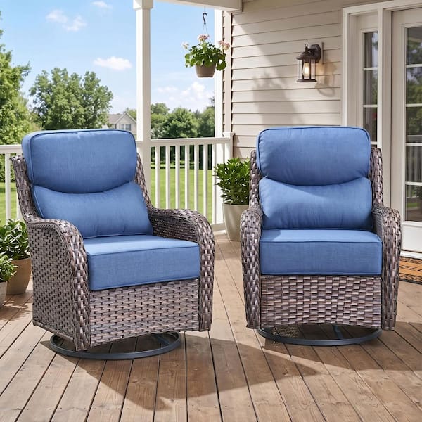 MoonLuxe Brown Wicker Swivel Glider Rocker Outdoor Rocking Chair with Navy Blue Olefin 6 in. Thick Cushions (2-Pack)