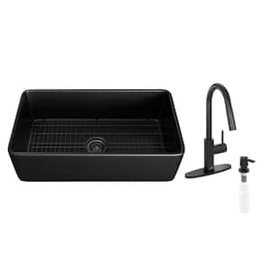 Black Fireclay 33 in. Single Bowl Farmhouse Apron Kitchen Sink with Pull Down Kitchen Faucets and Accessories
