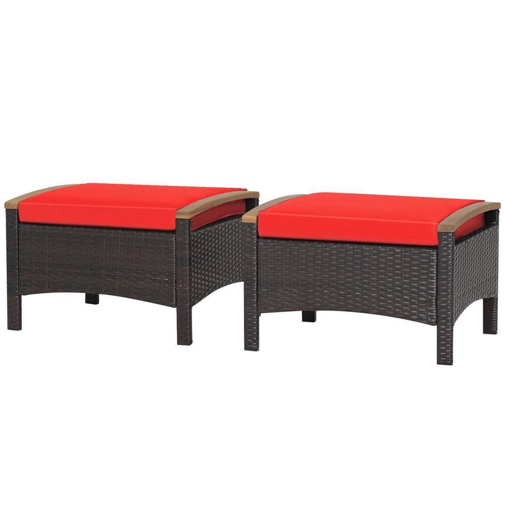 Mix Brown Frame Wicker Outdoor Ottoman with Red Cushion, 2 Pack