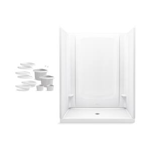 STORE+ 60 in. x 34 in. Single Threshold Center Drain Shower Base with Shower Walls and 12-Piece Accessory Kit in White