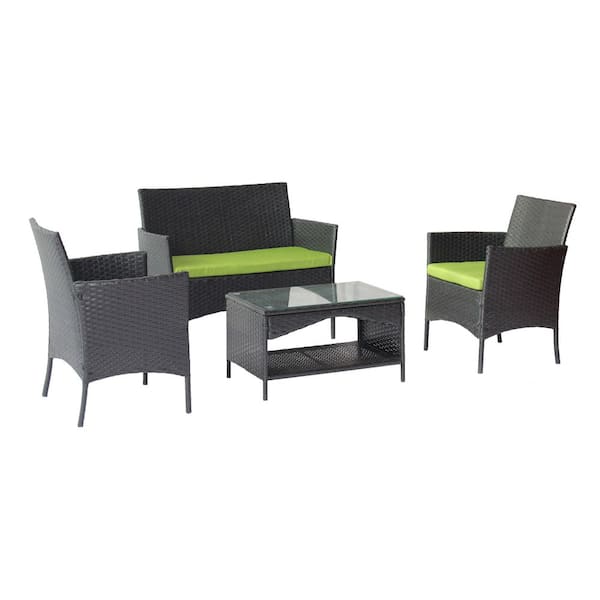 cenadinz 4-Piece Wicker Patio Conversation Set with Green Cushions