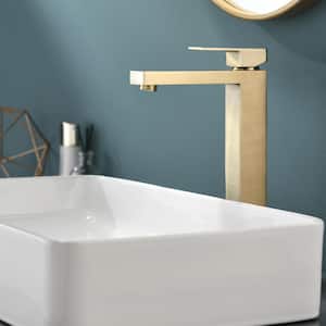 Single Handle Single Hole Bathroom Faucet with Water Supply Lines in Brushed Gold - Tall