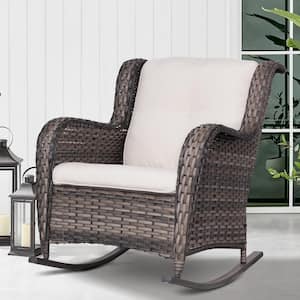 Wicker Outdoor Patio Rocking Chair with Beige Cushion