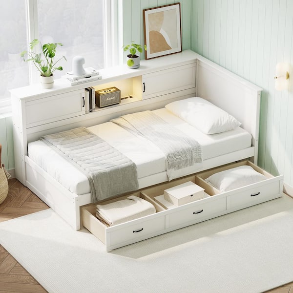 L-Shaped White Pine Wood Frame Full Platform Bed with Drawer, Bookcase, LED Downlight for Bedroom