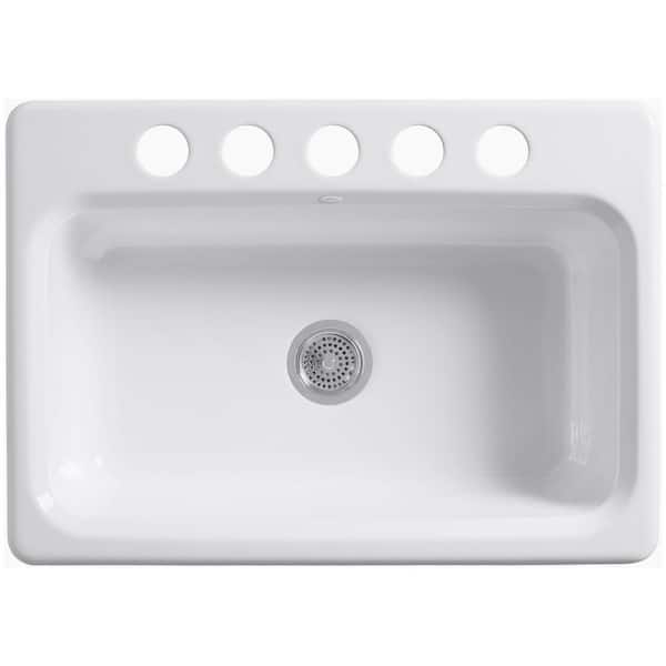 KOHLER Bakersfield Undermount Cast Iron 31 in. 5-Hole Single Bowl Kitchen Sink in Biscuit