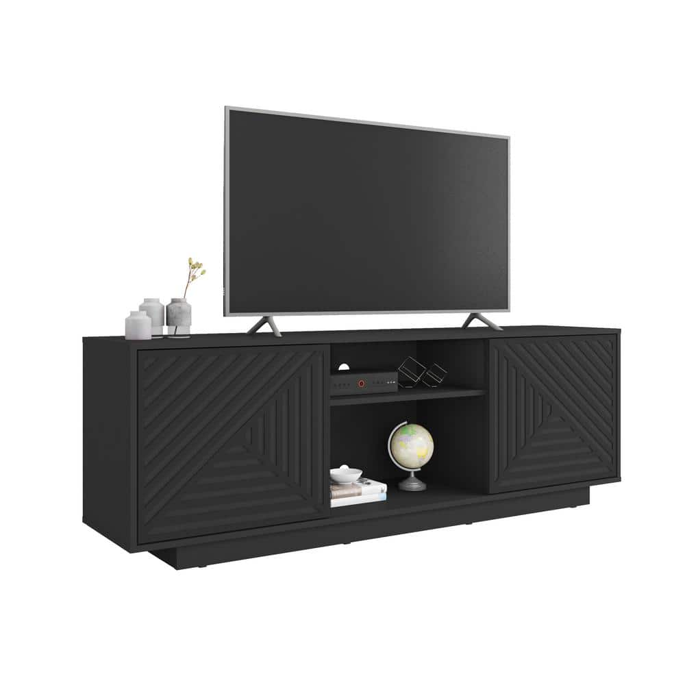 Black Particle Board TV Stand with Chevron Pattern Doors, 63"