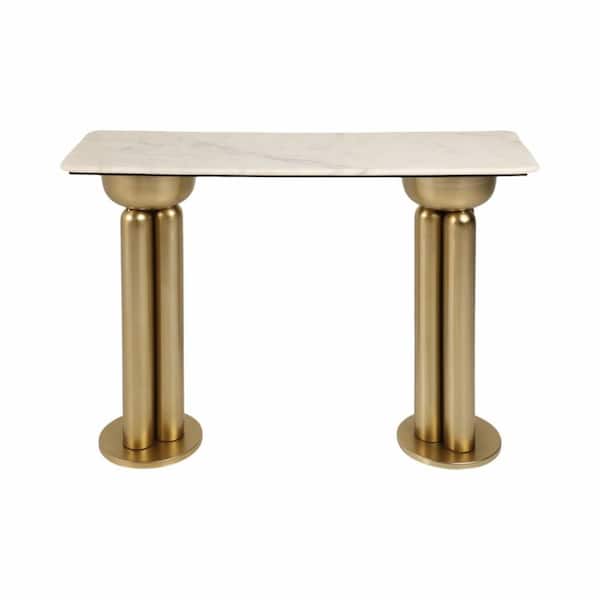 42 in. Gold Rectangle Marble Top Glam Console Table with Wood Dual Base