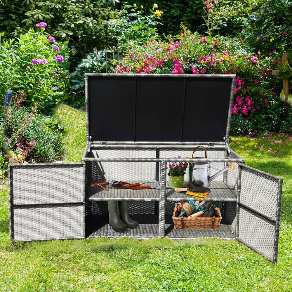 Gray Wicker and Steel Weather-Resistant Outdoor Storage Box