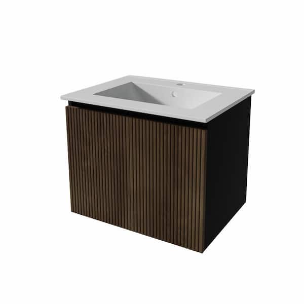 Yunus 24 in. Single Sink Floating Black and Dark Walnut Bath Vanity with White Ceramic Top Unassembled