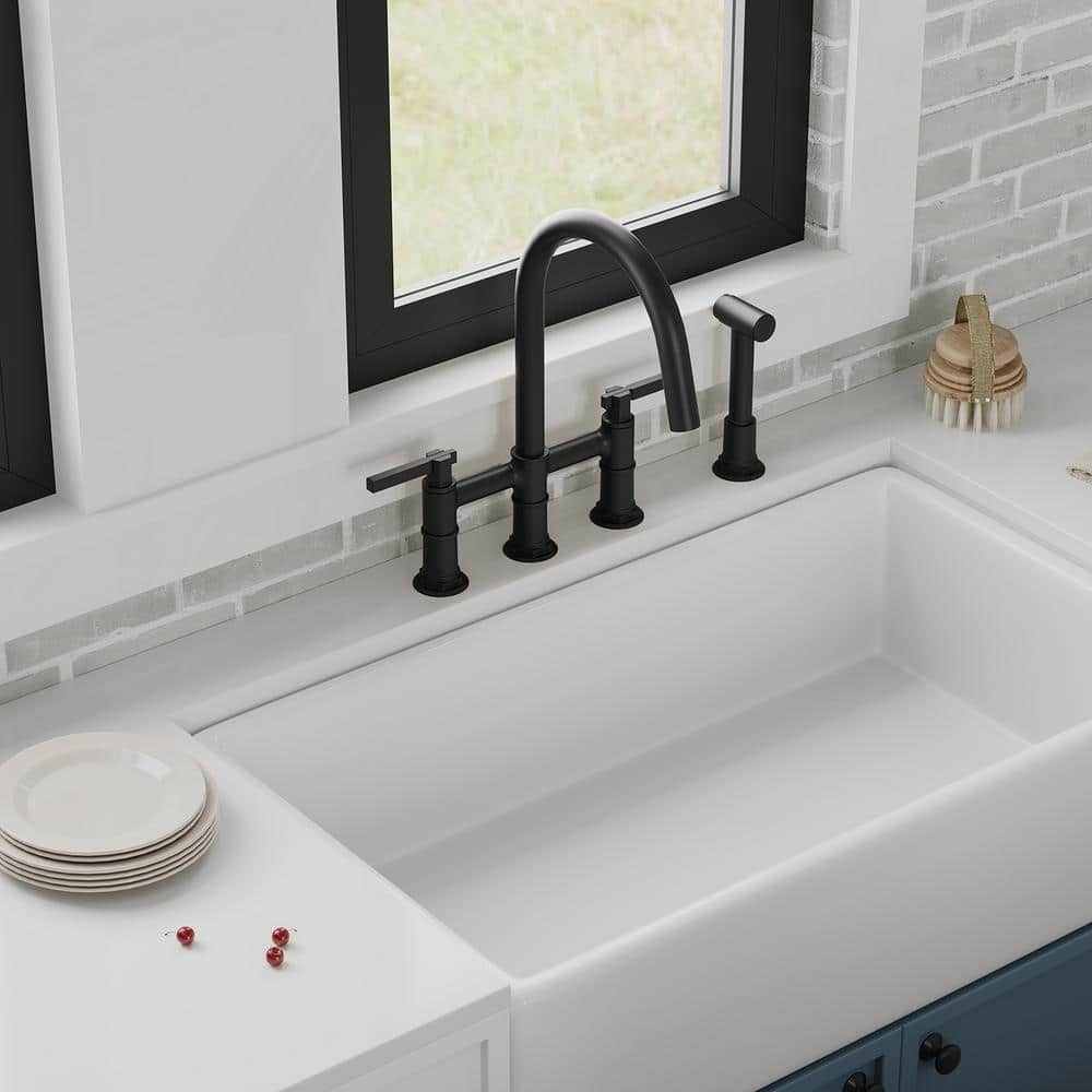 Modern Black Double Handle Bridge Kitchen Faucet with Side Sprayer