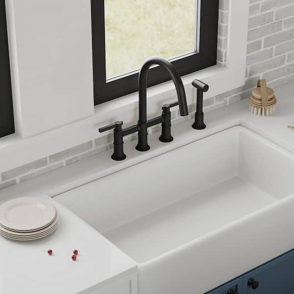 2-Handle Deck Mount Kitchen Faucet 3-Hole Bridge Kitchen Faucet with Side Sprayer in Matte Black