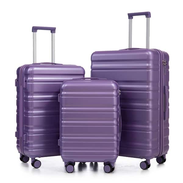 3-Piece Purple ABS Hardside Spinner Luggage Set with Combination Lock and Vertical Stripe Design (20"+24"+28")