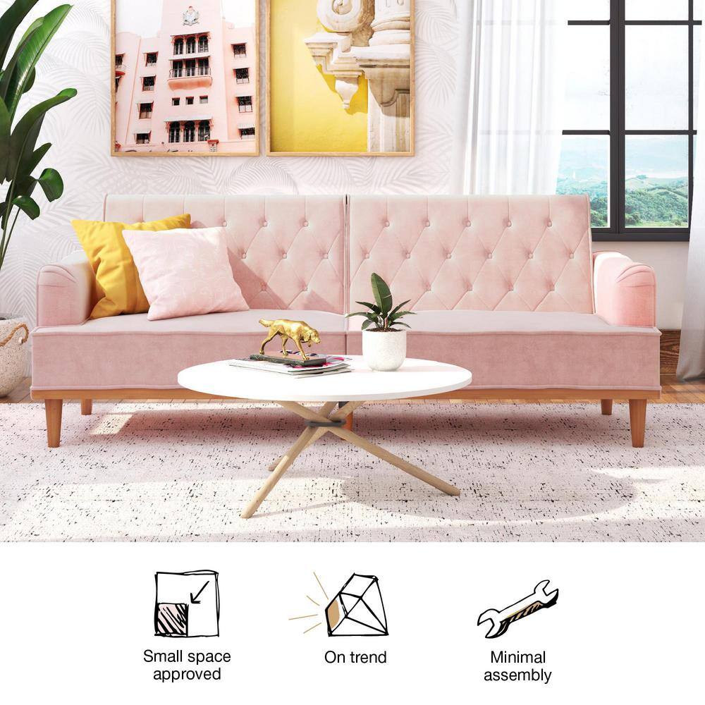 Stella Vintage Pink Velvet Convertible Sofa Bed with Wood Trim