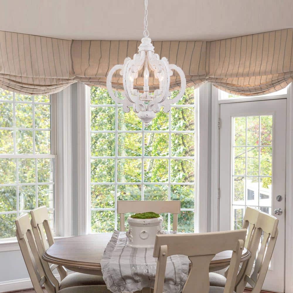 Olivia Distressed White Wood 6-Light Adjustable Candle Chandelier
