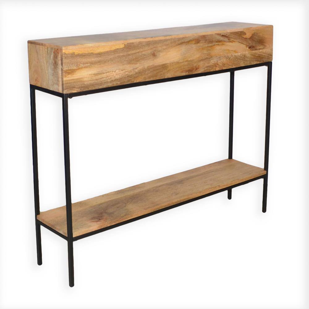 Natural Mango Wood and Black Metal Console Table with Storage