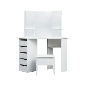 White Wood Vanity Table with 3-Mirrors 5-Drawers and Leather Bench 55.12 in. H x 44.88 in. W x 24.02 in. D