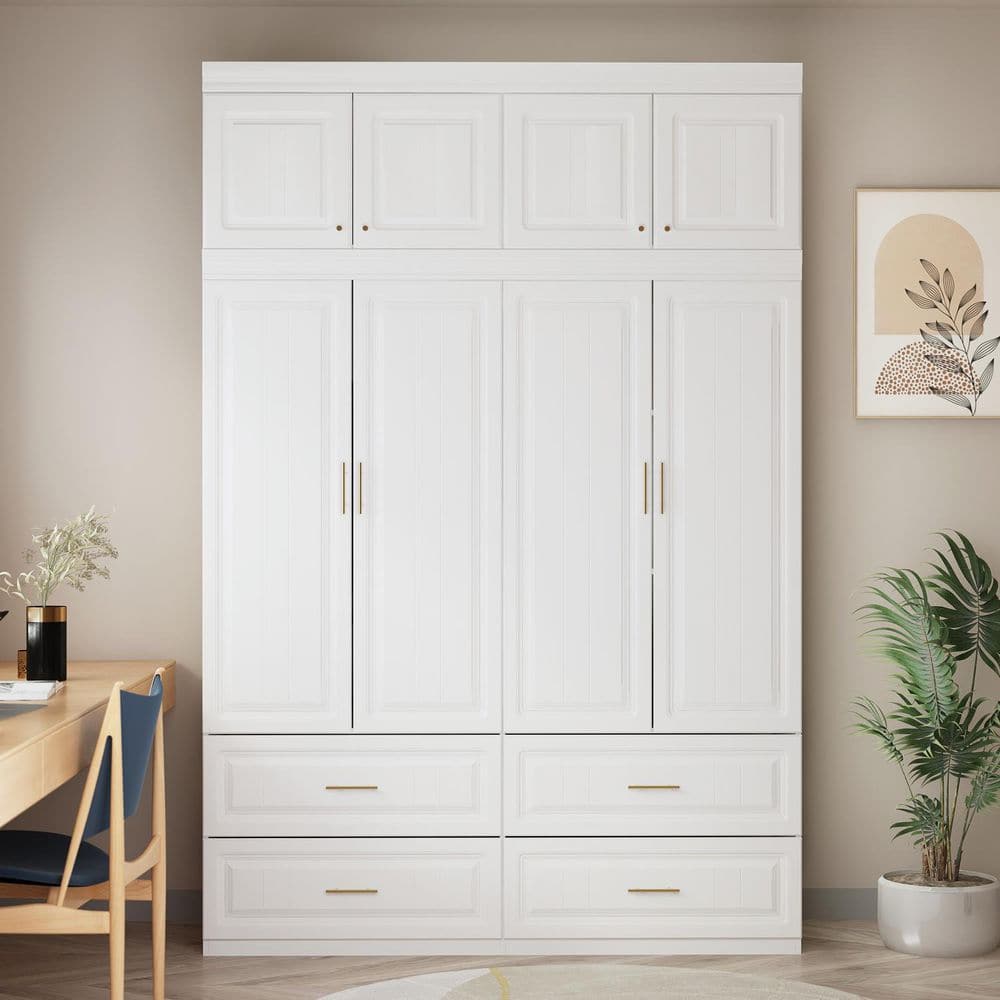 White 8-Door Big Wardrobe Armoires with Hanging Rod, 4-Drawers, Storage Shelves 93.9 in. H x 63 in. W x 20.6 in. D - thumbnail 5