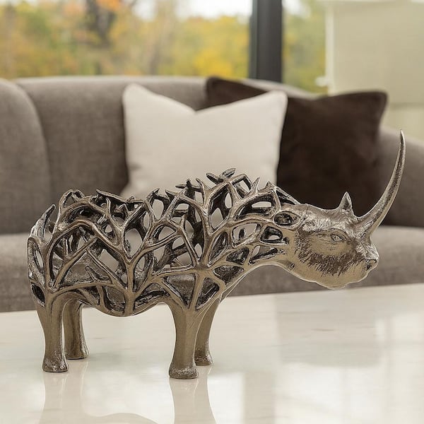 Bronze 13 in. x 8 in. Wide Handmade Aluminum Metal Abstract Rhino Sculpture