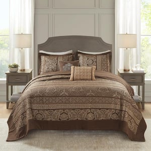 Venetian Brown/Gold Cotton Queen Reversible Jacquard Bedspread Set