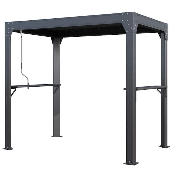 8 ft. x 5 ft. Aluminum Louvered-Top Grill Canopy with Side Storage Shelves, BBQ Gazebo with Built-In Gutter System,Black