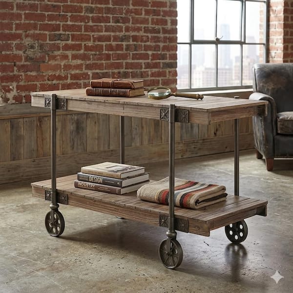 17.75 in. Black and Brown Rectangle Wooden Console Table with Plank Design, 1 Shelf and Wheels